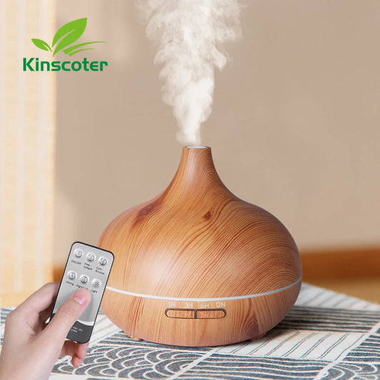 KINSCOTER 500ml Aromatherapy Essential Oil Diffuser, Wood Grain, Remote Control, Ultrasonic Humidifier, 7-Color Light