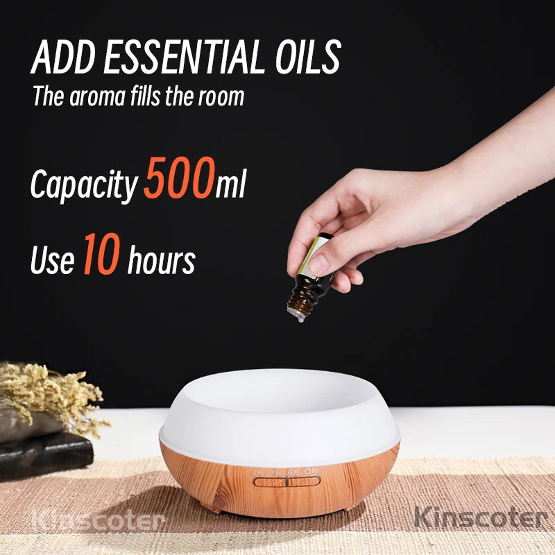 KINSCOTER 500ml Aromatherapy Essential Oil Diffuser, Wood Grain, Remote Control, Ultrasonic Humidifier, 7-Color Light