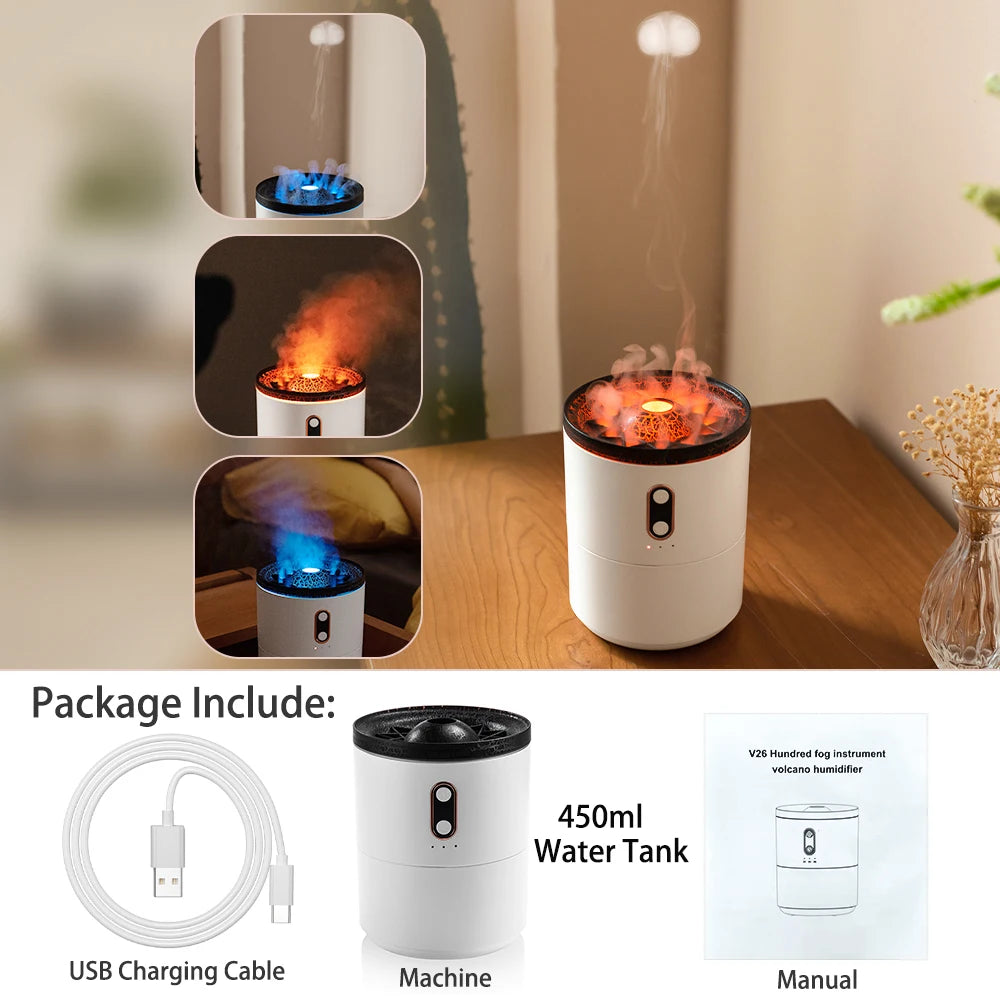 Volcano Fire Flame Aroma Diffuser, Essential Oil Humidifier with Remote, Jellyfish Mist Maker